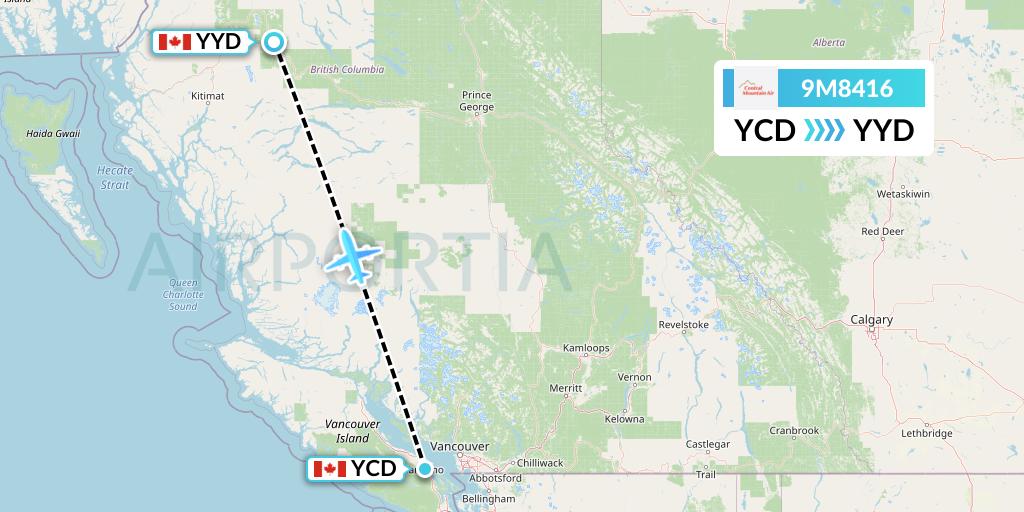9M8416 Central Mountain Air Flight Map: Nanaimo to Smithers