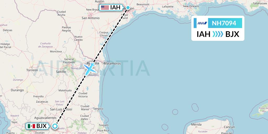 NH7094 All Nippon Airways Flight Map: Houston to Silao