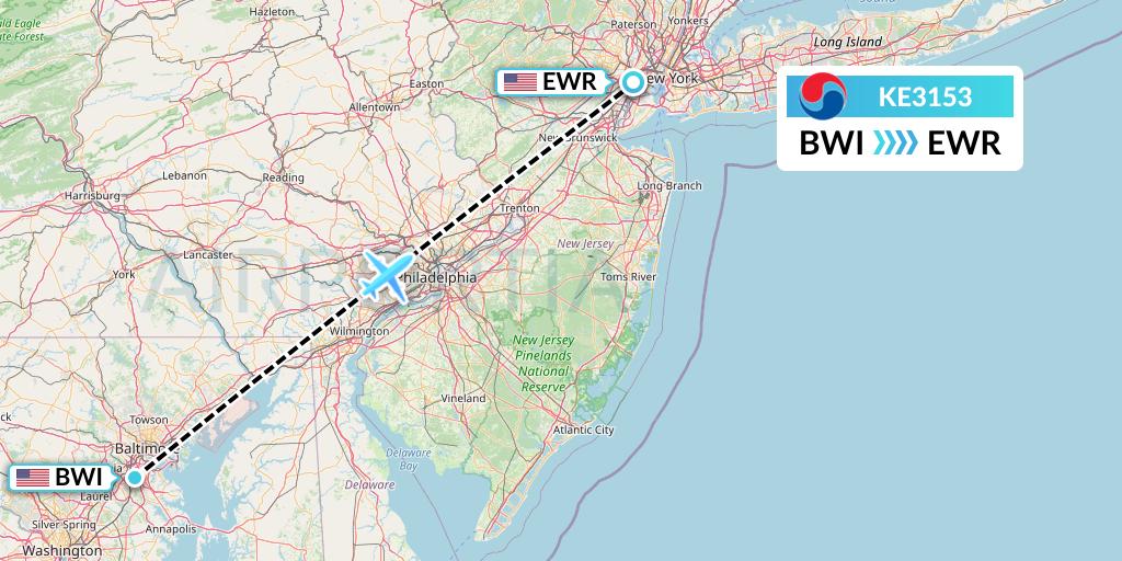 KE3153 Korean Air Flight Map: Baltimore to New York