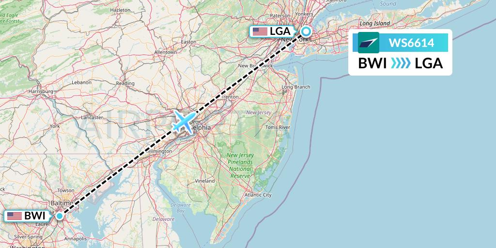 WS6614 WestJet Flight Map: Baltimore to New York