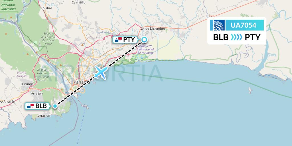 UA7054 United Airlines Flight Map: Balboa to Panama City
