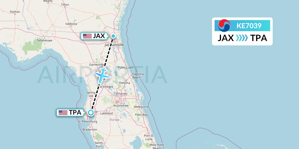 KE7039 Korean Air Flight Map: Jacksonville to Tampa