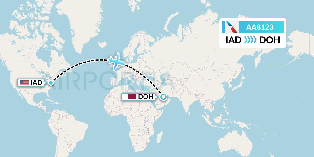 AA8123 American Airlines Flight Map: Washington to Doha