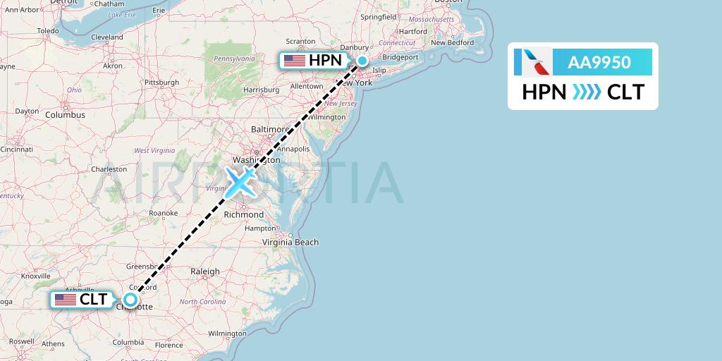 AA9950 American Airlines Flight Map: White Plains to Charlotte