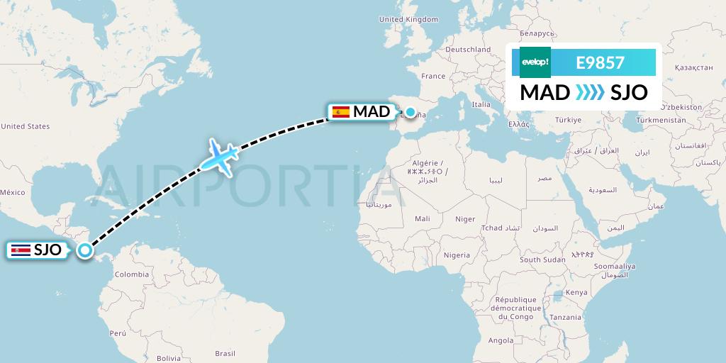 E9857 Evelop Airlines Flight Map: Madrid to San Jose