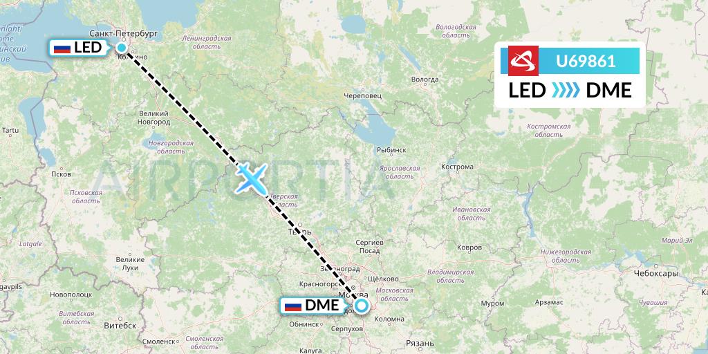 U69861 Ural Airlines Flight Map: St. Petersburg to Moscow