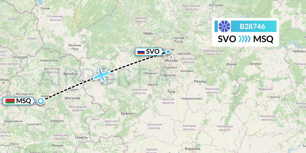 B28746 Belavia Flight Map: Moscow to Minsk