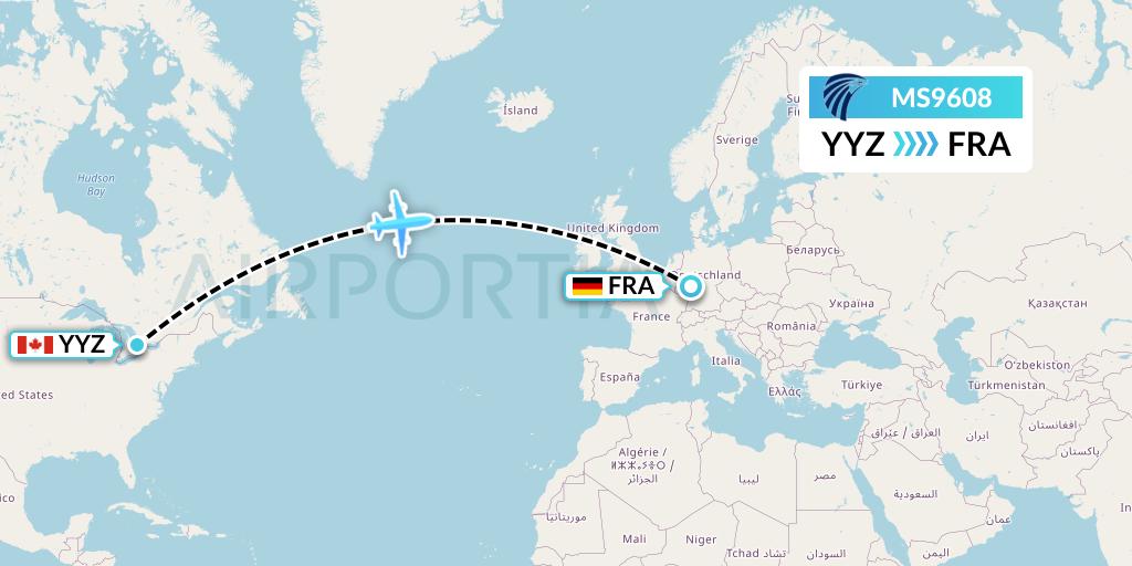MS9608 EgyptAir Flight Map: Toronto to Frankfurt