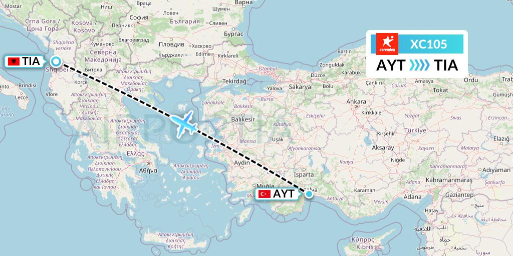 XC105 Corendon Airlines Flight Map: Antalya to Tirana