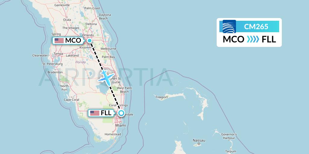 CM265 Copa Airlines Flight Map: Orlando to Fort Lauderdale