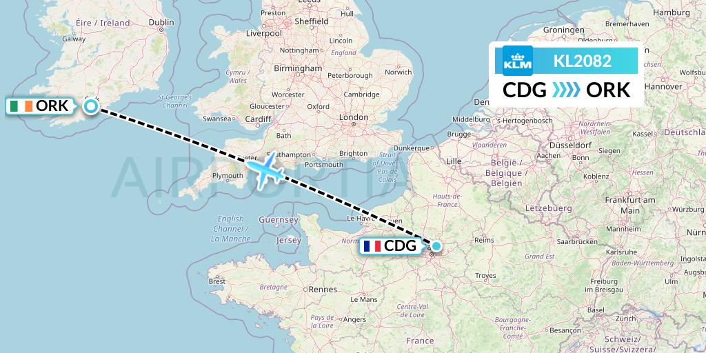 KL2082 KLM Flight Map: Paris to Cork