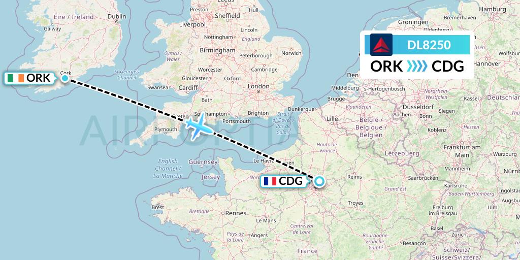 DL8250 Delta Air Lines Flight Map: Cork to Paris