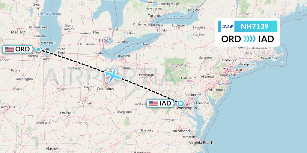 NH7139 All Nippon Airways Flight Map: Chicago to Washington