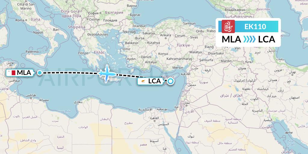 EK110 Emirates Flight Map: Malta to Larnaca