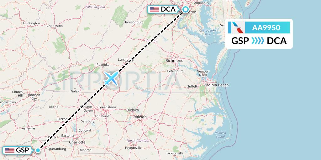 AA9950 American Airlines Flight Map: Greenville-Spartanburg to Washington