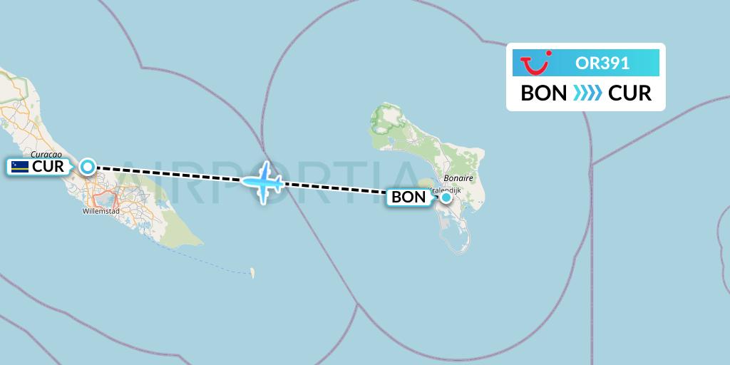OR391 TUI fly Netherlands Flight Map: Bonaire to Willemstad