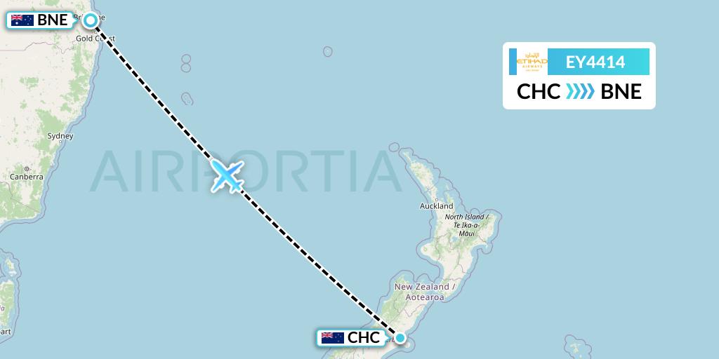 EY4414 Etihad Airways Flight Map: Christchurch to Brisbane