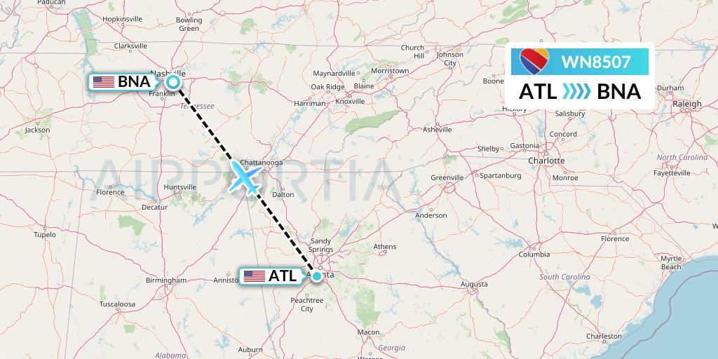 WN8507 Southwest Airlines Flight Map: Atlanta to Nashville