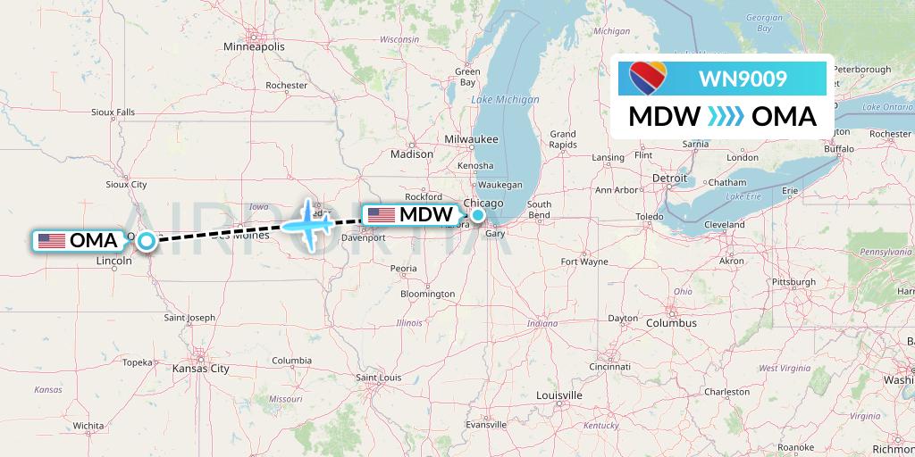 WN9009 Southwest Airlines Flight Map: Chicago to Omaha