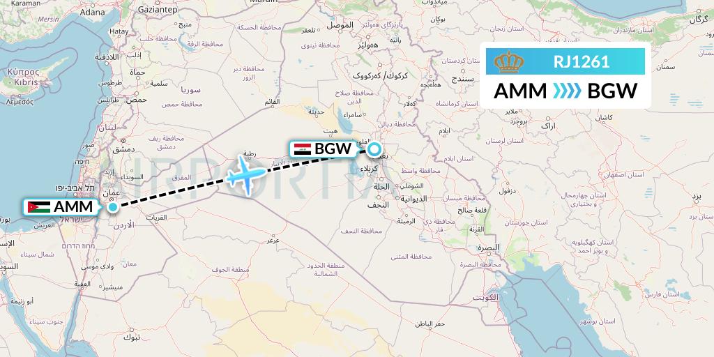RJ1261 Royal Jordanian Flight Map: Amman to Baghdad