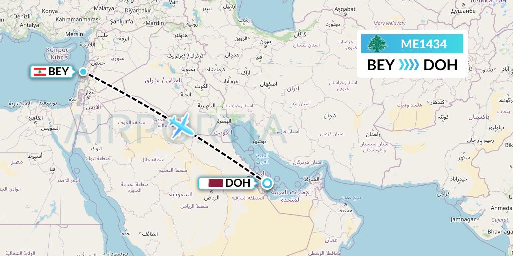 ME1434 MEA Flight Map: Beirut to Doha