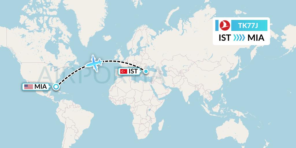 TK77J Turkish Airlines Flight Map: Istanbul to Miami