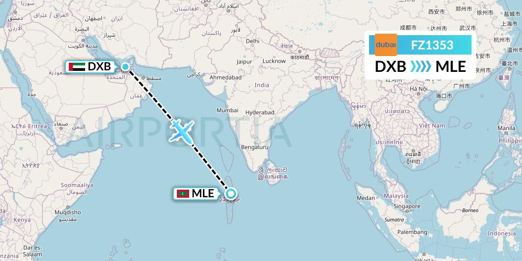 FZ1353 FlyDubai Flight Map: Dubai to Male