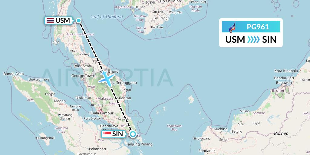 PG961 Bangkok Airways Flight Map: Koh Samui to Singapore