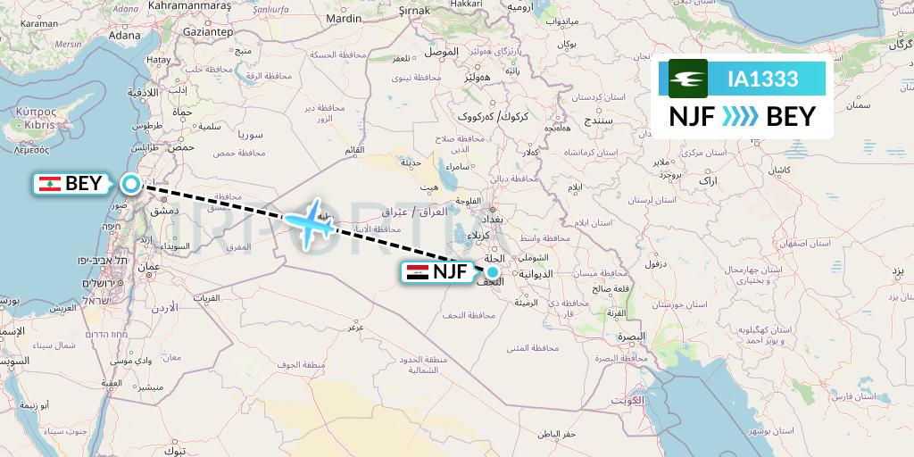 IA1333 Iraqi Airways Flight Map: Najaf to Beirut