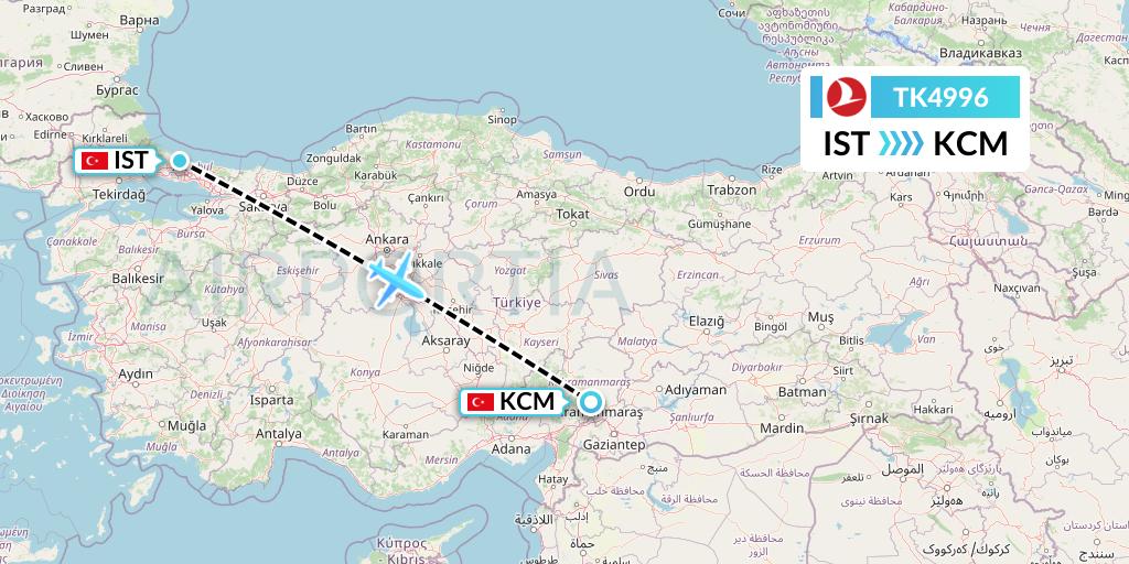 TK4996 Turkish Airlines Flight Map: Istanbul to Kahramanmaras