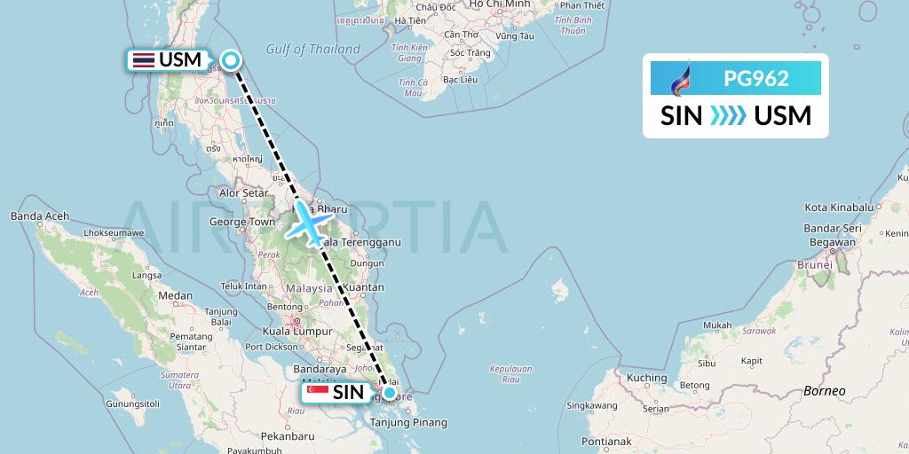 PG962 Bangkok Airways Flight Map: Singapore to Koh Samui
