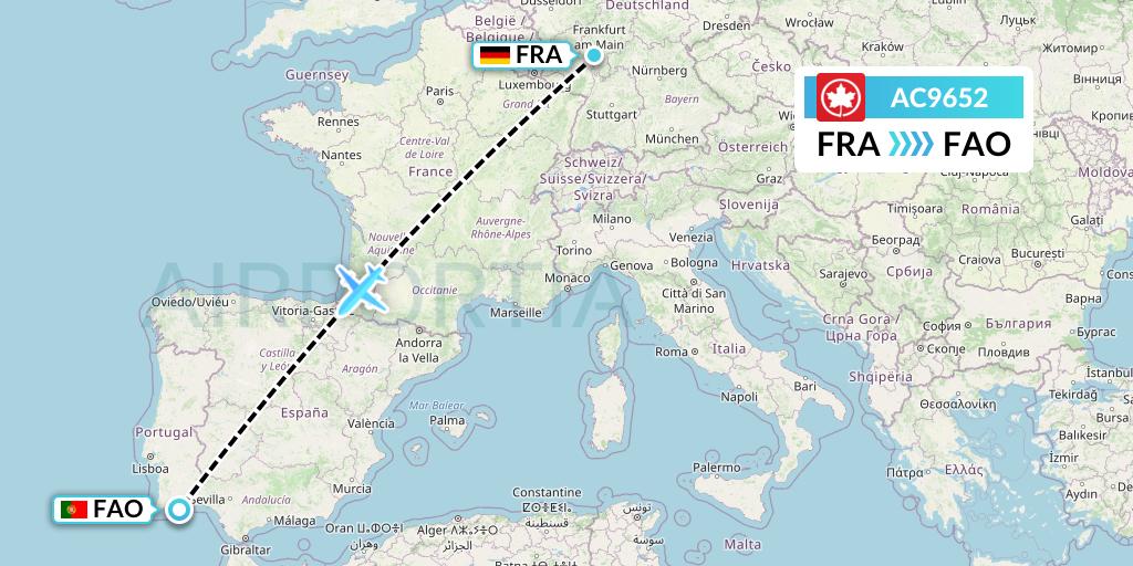 AC9652 Air Canada Flight Map: Frankfurt to Faro