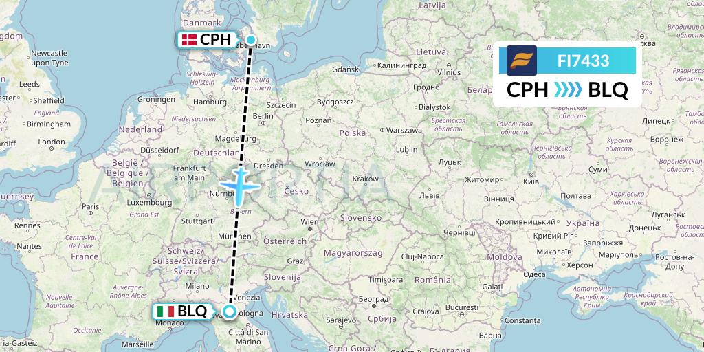 FI7433 Icelandair Flight Map: Copenhagen to Bologna