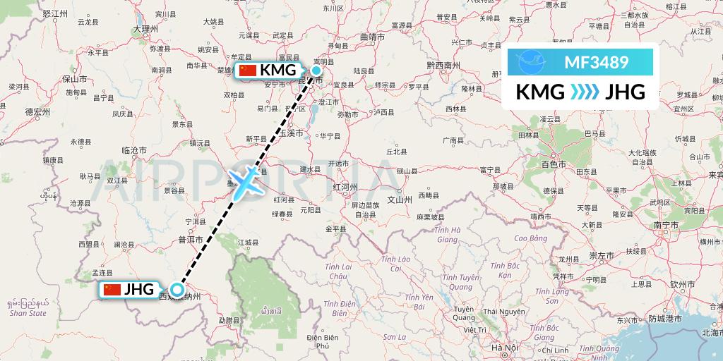 MF3489 Xiamen Airlines Flight Map: Kunming to Jinghong