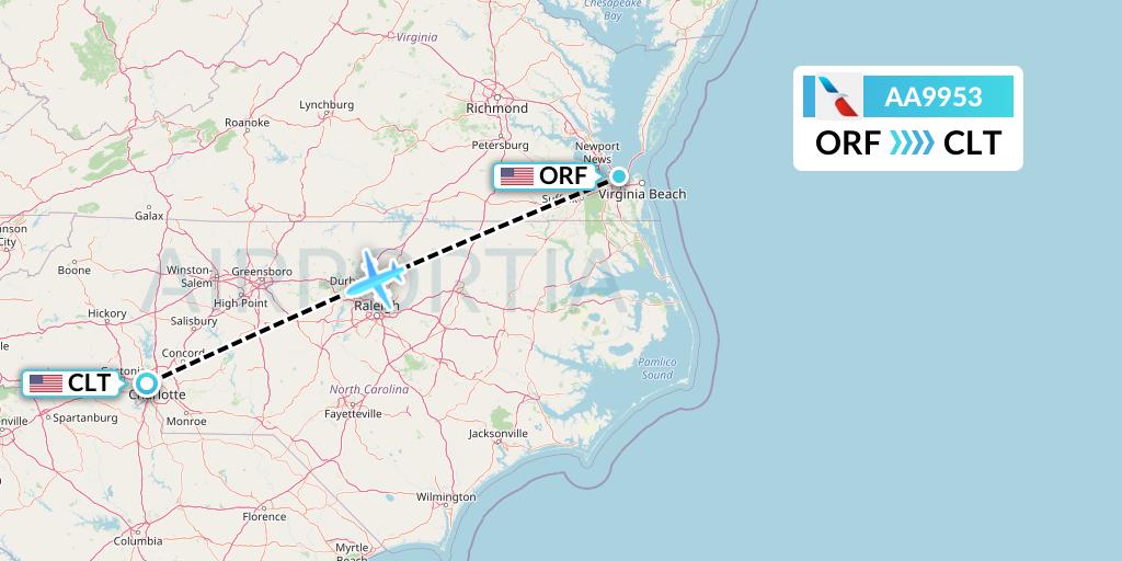 AA9953 American Airlines Flight Map: Norfolk to Charlotte