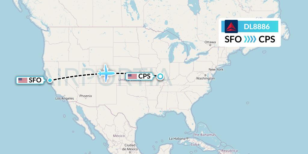 DL8886 Delta Air Lines Flight Map: San Francisco to St. Louis