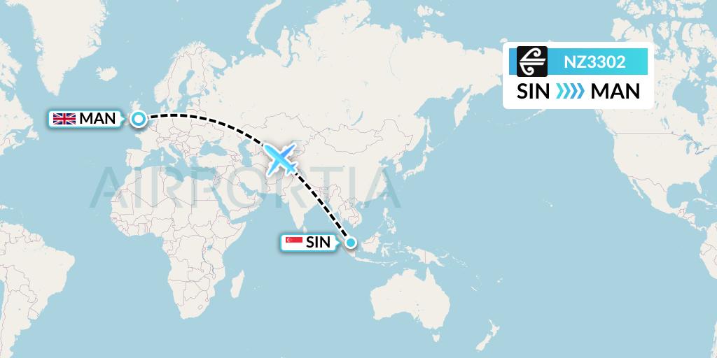 NZ3302 Air New Zealand Flight Map: Singapore to Manchester