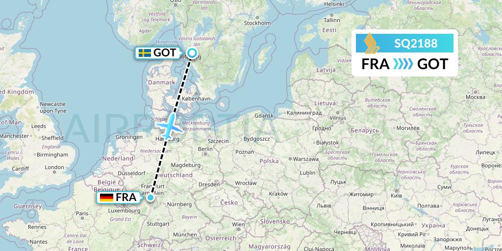 SQ2188 Singapore Airlines Flight Map: Frankfurt to Gothenburg