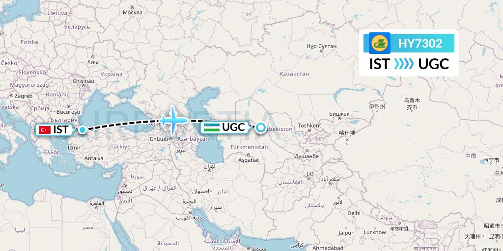 HY7302 Uzbekistan Airways Flight Map: Istanbul to Urgench
