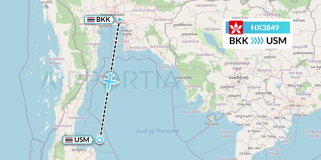 HX3849 Hong Kong Airlines Flight Map: Bangkok to Koh Samui