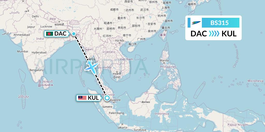 BS315 US-Bangla Airlines Flight Map: Dhaka to Kuala Lumpur