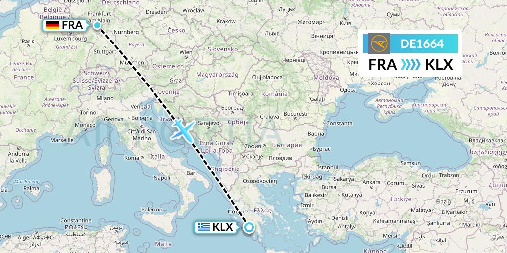 DE1664 Condor Flight Map: Frankfurt to Kalamata