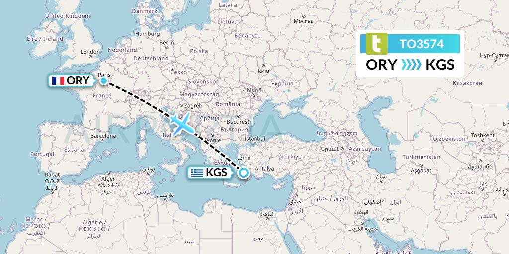 TO3574 Transavia France Flight Map: Paris to Kos