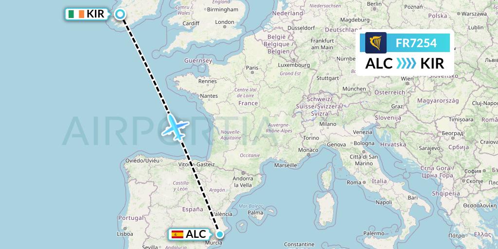 FR7254 Ryanair Flight Map: Alicante to Kerry