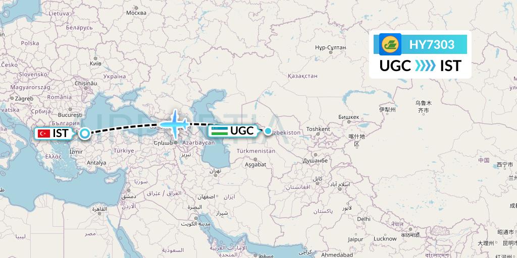 HY7303 Uzbekistan Airways Flight Map: Urgench to Istanbul