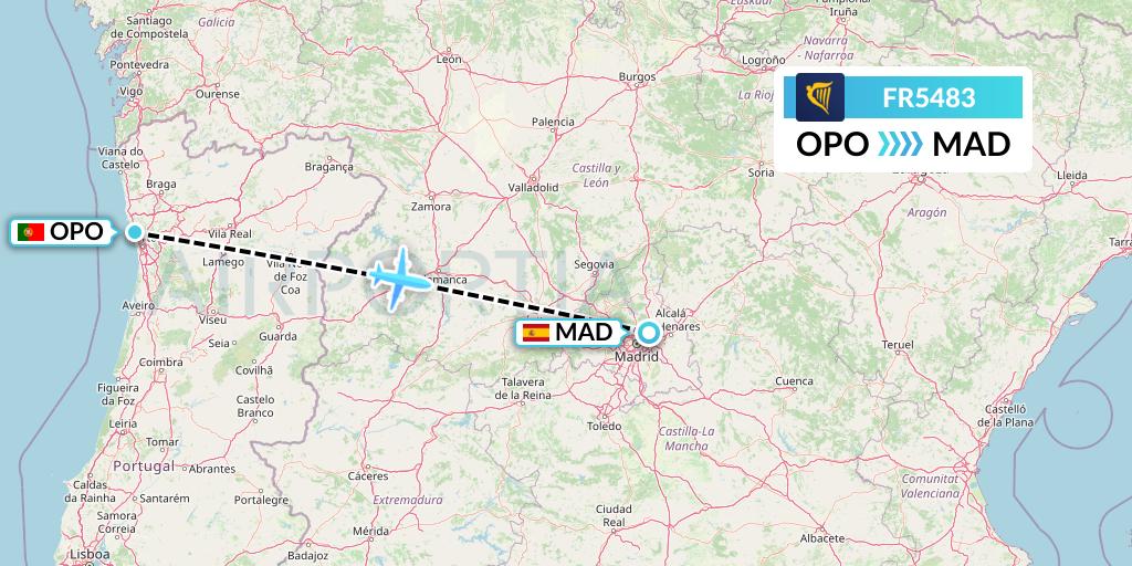FR5483 Ryanair Flight Map: Porto to Madrid