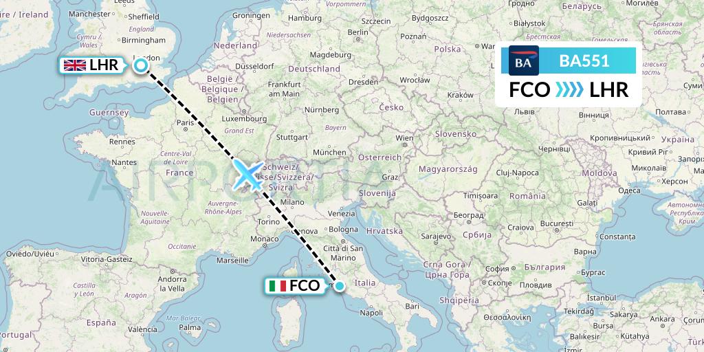 BA551 British Airways Flight Map: Rome to London