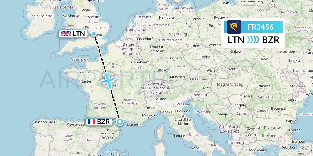 FR3456 Ryanair Flight Map: London to Beziers