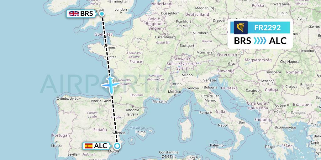 FR2292 Ryanair Flight Map: Bristol to Alicante