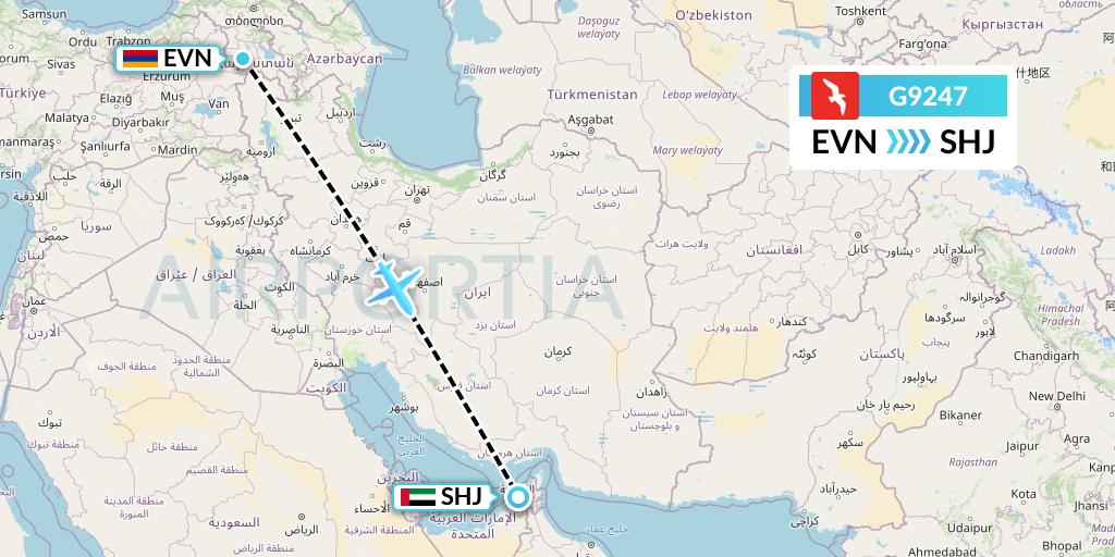 G9247 Air Arabia Flight Map: Yerevan to Sharjah